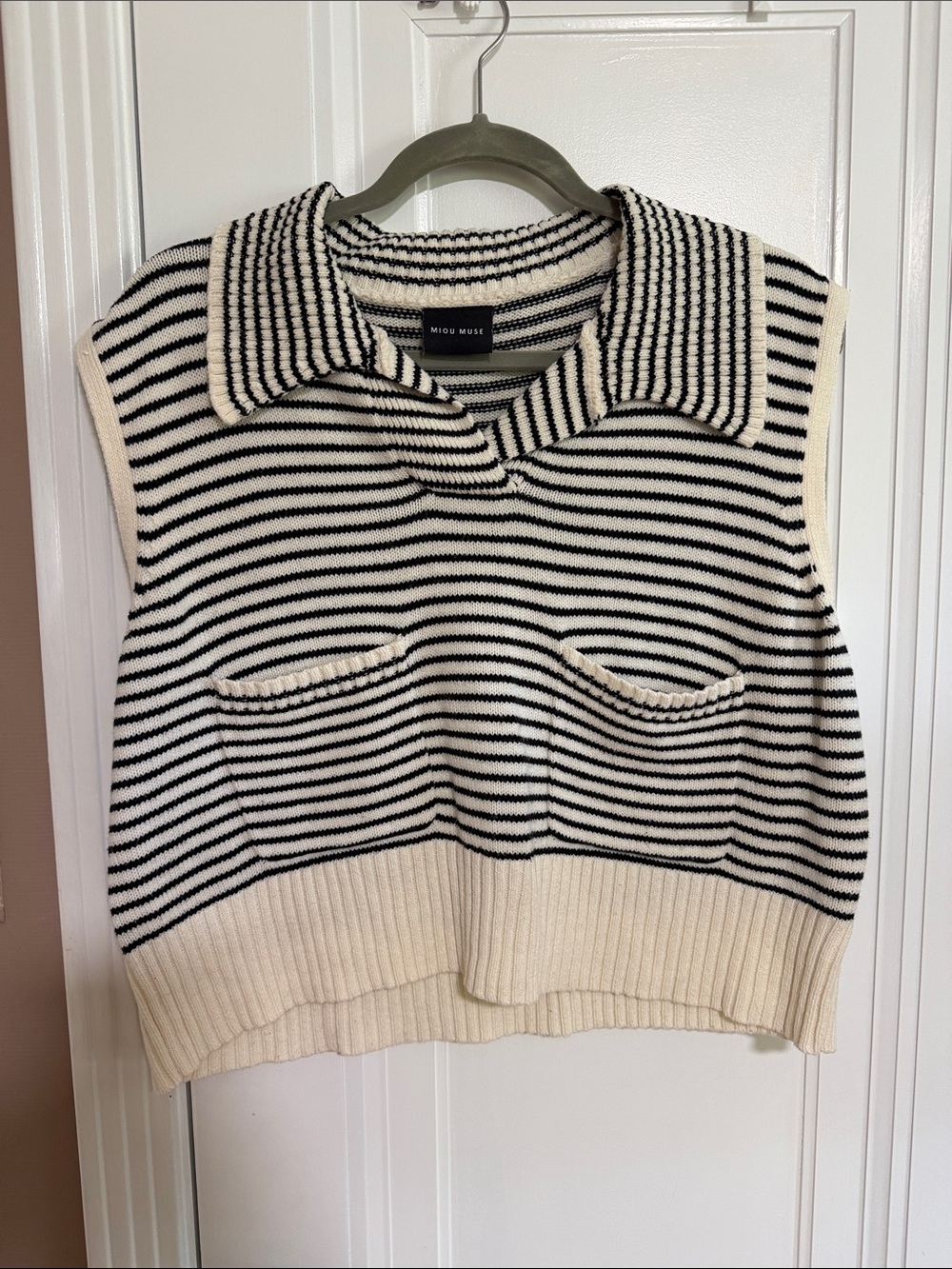 Black and Cream Striped Collared V-Neck Sweater Vest